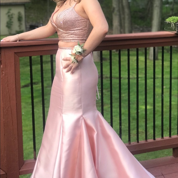 rose gold prom dress 2 piece Strapless Beaded Prom Gown: CLCC8251 Rose Gold / 0